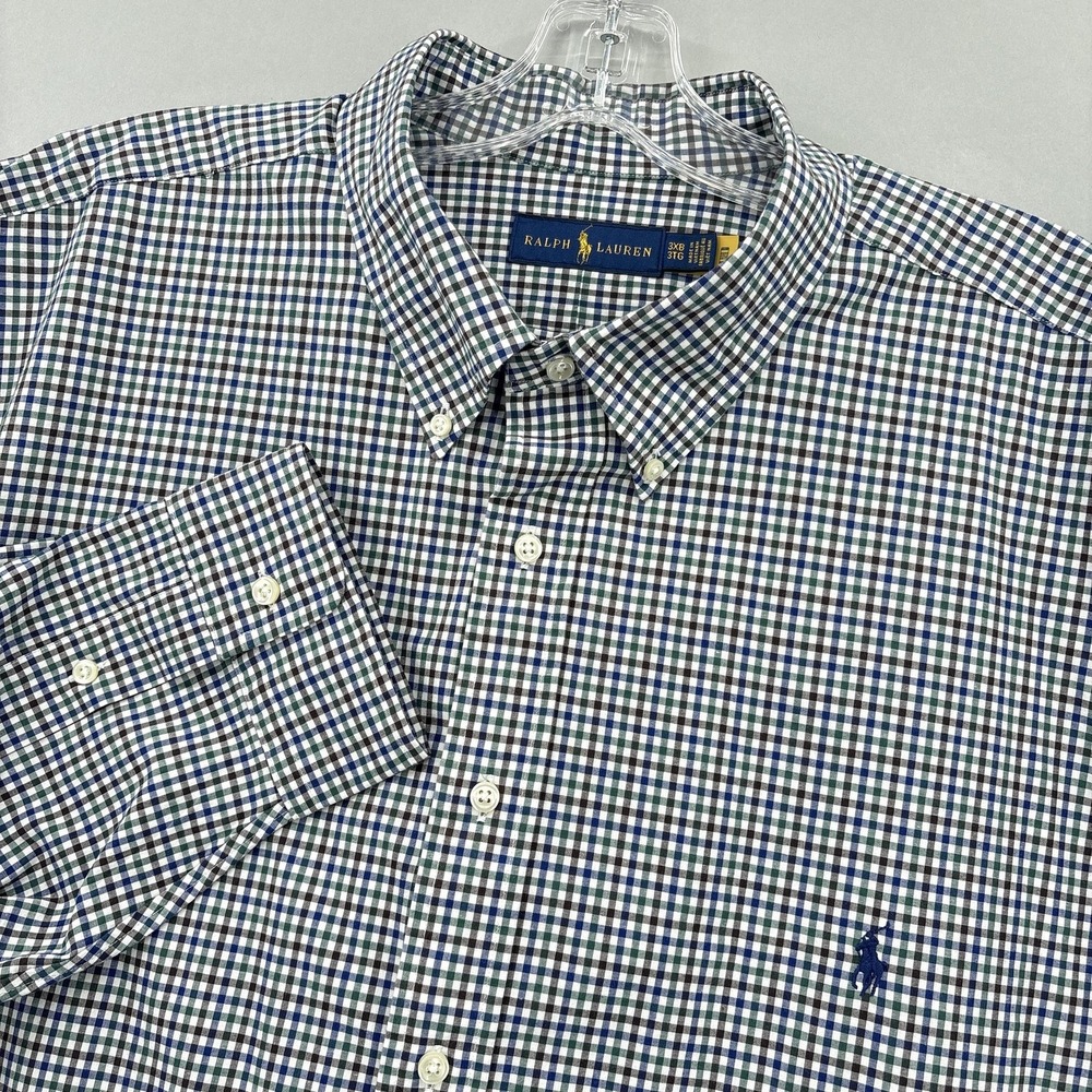 Ralph Lauren Shirt Mens Big 3X Blue Green Check Button Down Long Sleeve Stretch